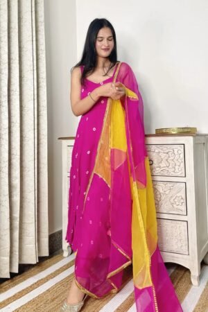 SWATI RATHI PINK BANDHEJ ANARKALI WITH MULTICOLORED ORGANZA DUPATTA