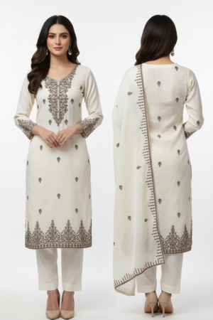 Ethnic Motifs Embroidered Thread Work Round Neck Cotton Straight Kurta – Elegant & Comfortable Ethnic Wear for Women