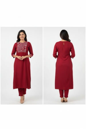 A-Line Shoulder Princess Kurta Set with Embroidered Yoke and Stitch Line Sleeves – Elegant Ethnic Wear for Women