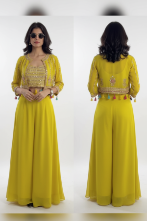 Girls Woven Design Embroidered Kurta with Palazzo & Jacket – Stylish Ethnic Set for Young Girls