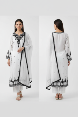 Women's Black & White Chinon Embroidered Kurta Palazzo Set with Embroidered Dupatta – Elegant Ethnic Ensemble