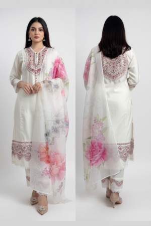 Ethnic Motifs Embroidered & Sequinned Pure Cotton Kurta with Palazzos & Dupatta – A Timeless Celebration of Elegance
