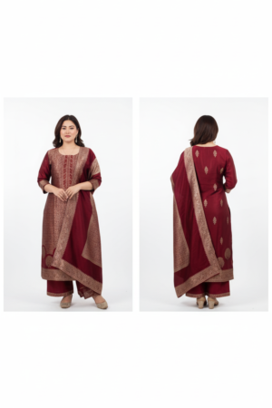 Polyester Wine Solid Straight Kurta Palazzo with Dupatta Set – Elegant Ethnic Ensemble